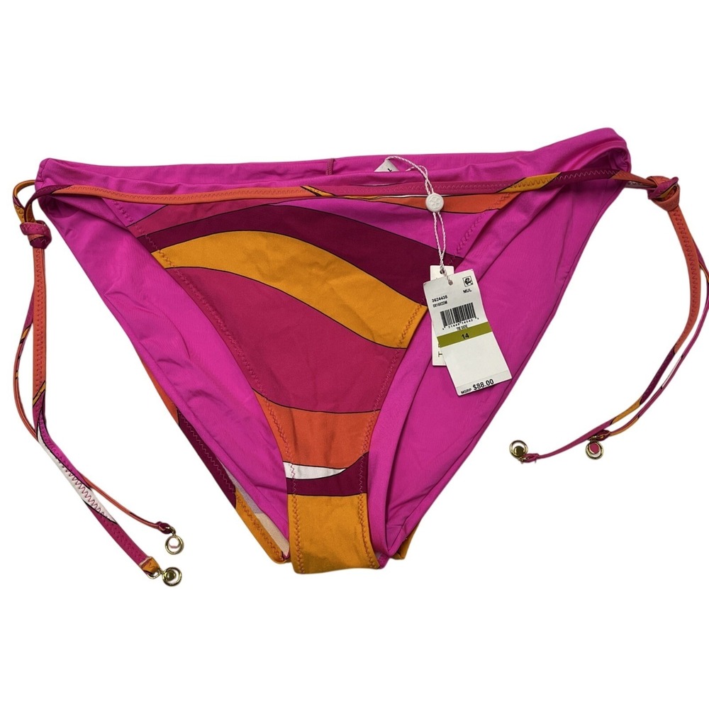 Trina Turk Bikini Bottom Vivid Vista Layered Tie Side Size 14 Pink Cheeky Resort